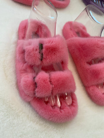 Confetti Pink Rabbit Fur Slides
